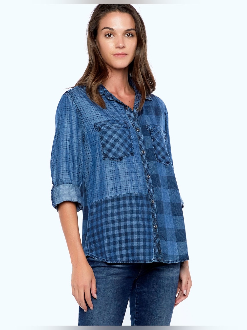 Billy T chambray gingham plaid patchwork mixed media button down shirt sz s